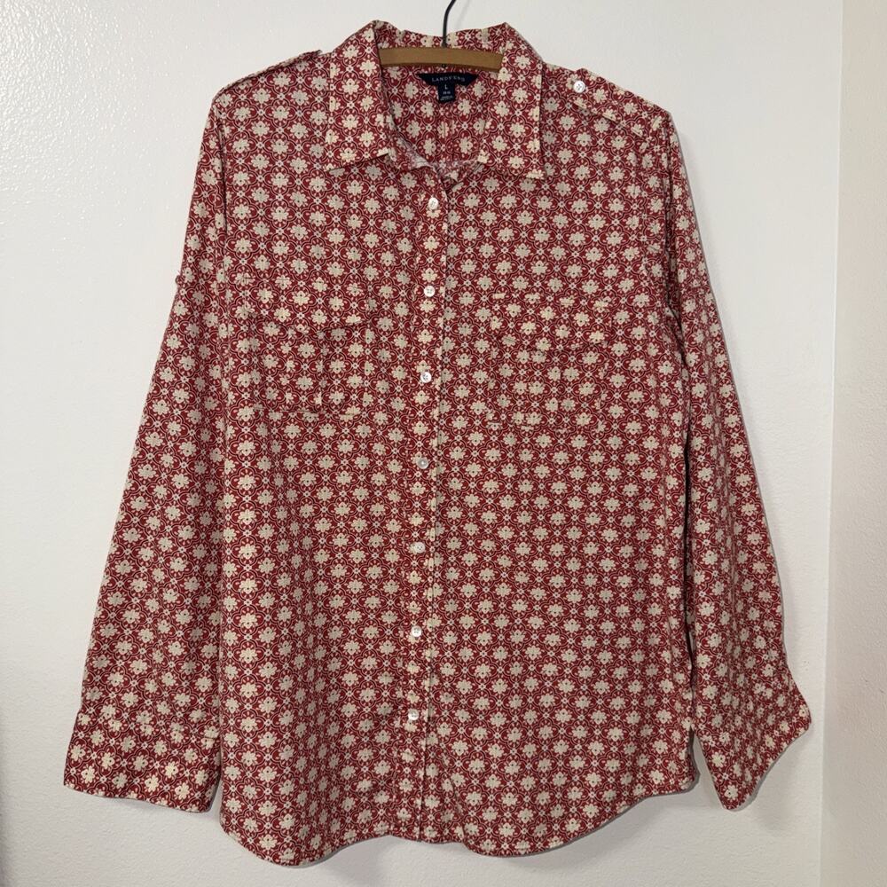 LANDS' END womens L (14-16) Red FLORAL Blouse Button Down Office Casual Wear